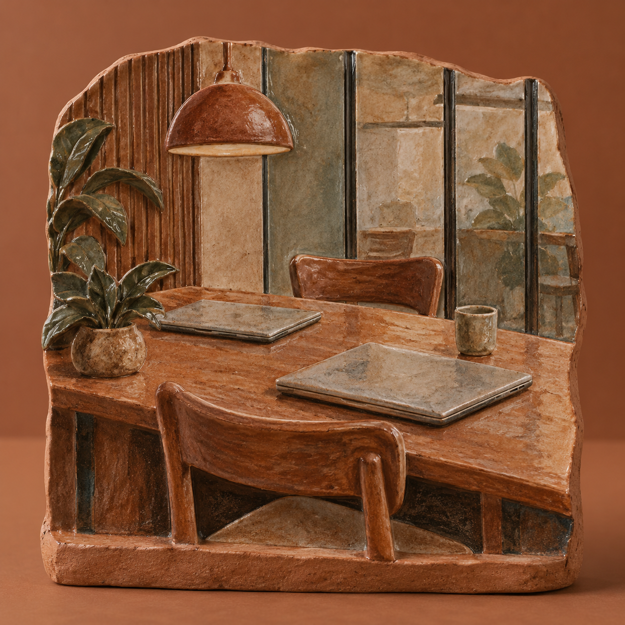 Illustration of boutique consulting workspace: closed laptops, wooden chairs, glass partitions