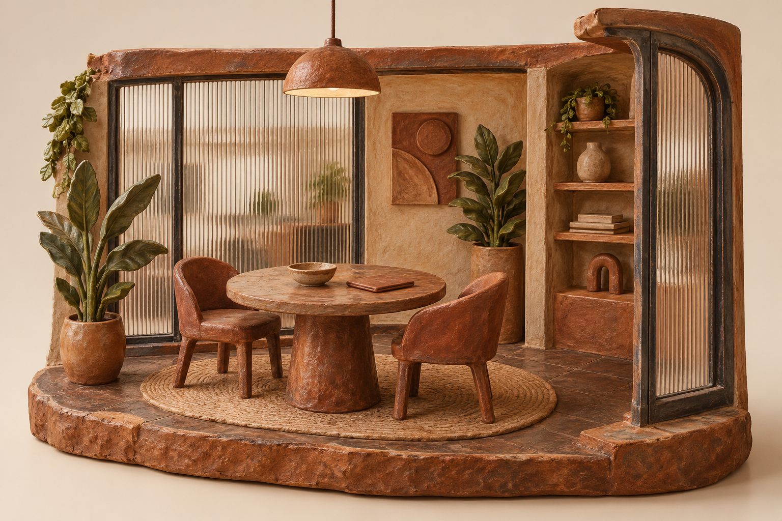 Illustration of boutique consulting workspace: glass partitions, a small materials shelf, a round consultation table