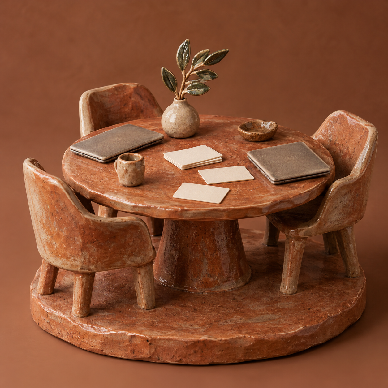Illustration of boutique consulting workspace: a round consultation table, blank paper cards, closed laptops